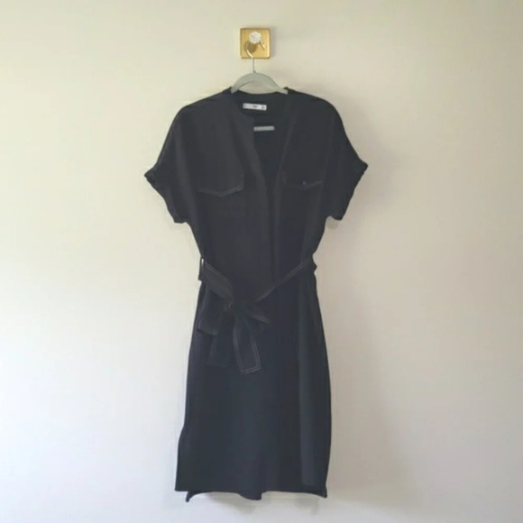 MNG by Mango Dress Women Medium 6 Navy Blue Contrast Stitching Minimalist Office - Picture 1 of 11